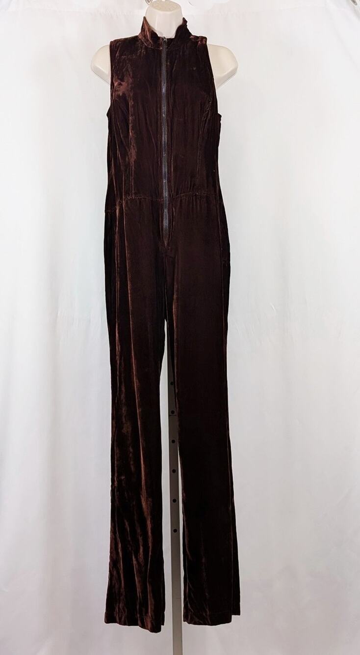 Vintage 90s Jumpsuit Brown Velour Sleeveless Women's Size 10 Moda International